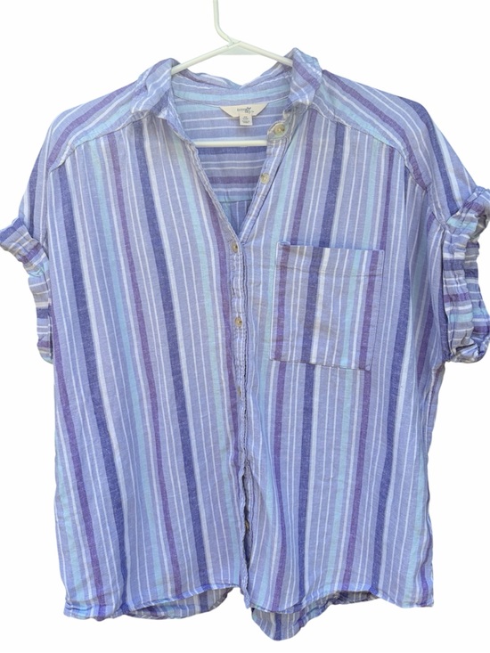 Terra & Sky Tops - Terry & Sky Linen Blend Lavender Stripe Button-Up Shirt.